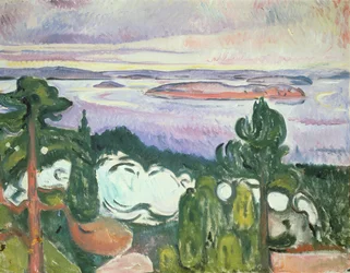Oslofijord - Noordelijk strand (landschap met spoorweg, trein, rook) 1910
